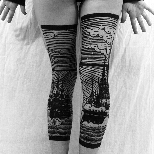 Cloudy Ship Tattoo Womens Legs