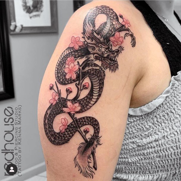 Cobra And Cherry Blossom Tattoo For Women Arms