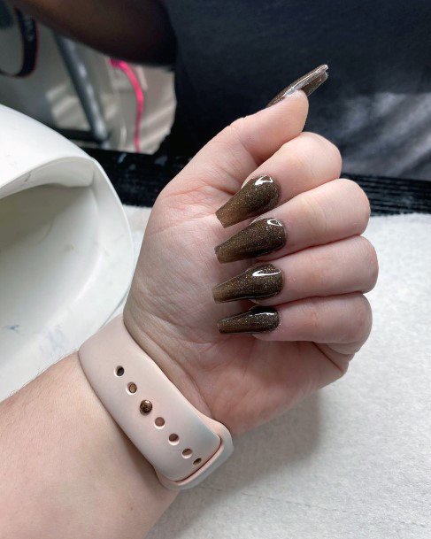 Coffee Brown Shiny Nails Women