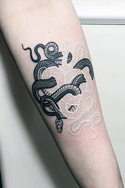 Coiled Black And White Snake Tattoo Womens Arms