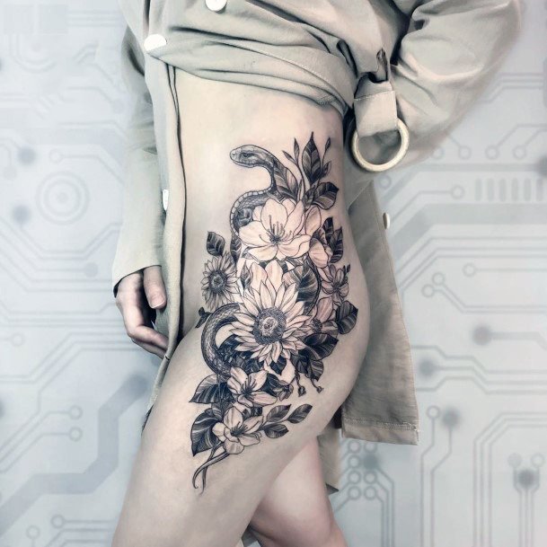 Cold Grey Snake And Blossoms Tattoo Womens Thigh