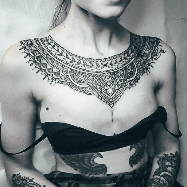 Collar Bone Chest Woman With Mandala Tattoo