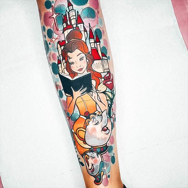 Color Belle Reading Bubbles Leg Half Sleeve Beauty And The Beast Tattoo Feminine Designs