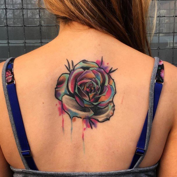 Color Dripping Flower Tattoo Womens Back