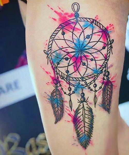 Color Splash Dream Catcher Tattoo Womens Legs