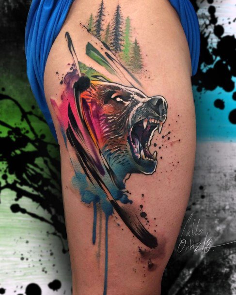 Colored Angry Bear Tattoo For Women Arms