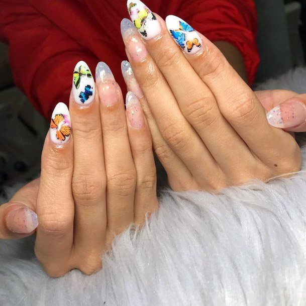 Colored Butterflies On White Nails Women