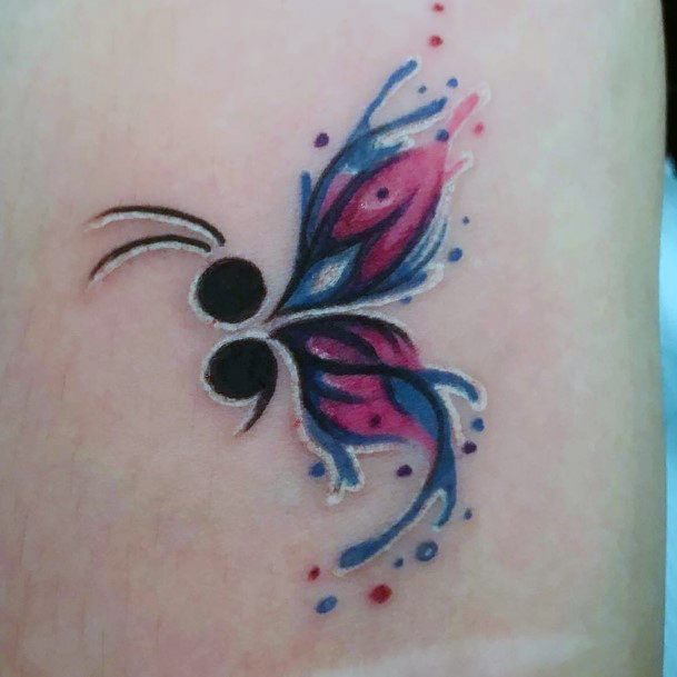 Colored Butterfly Winged Semi Colon Tattoo Womens Arms