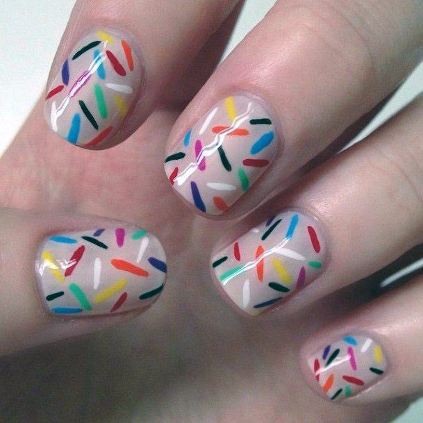 Colored Candy Bits On White Nails Birthday