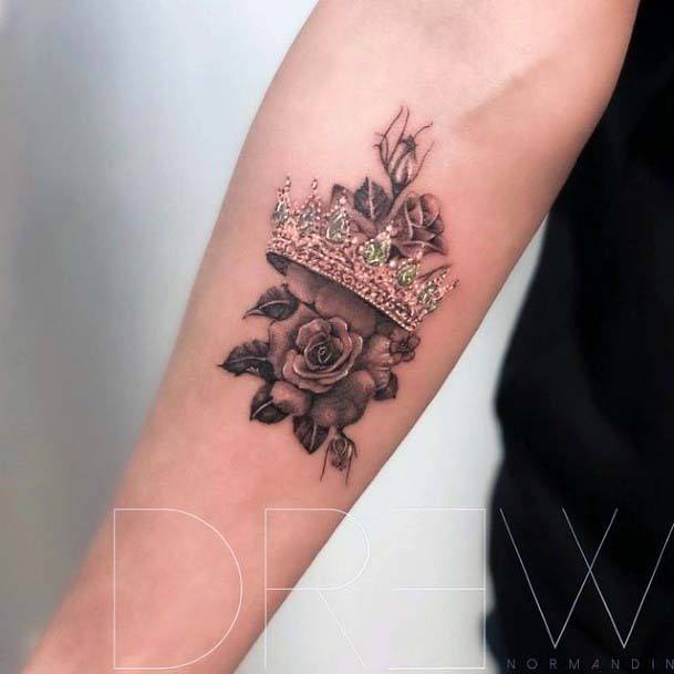 Colored Crystals Crown And Flowers Crown Tattoo Women