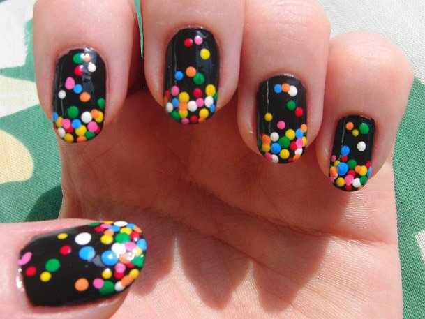 Colored Dots On Shiny Black Nails Birthday Art
