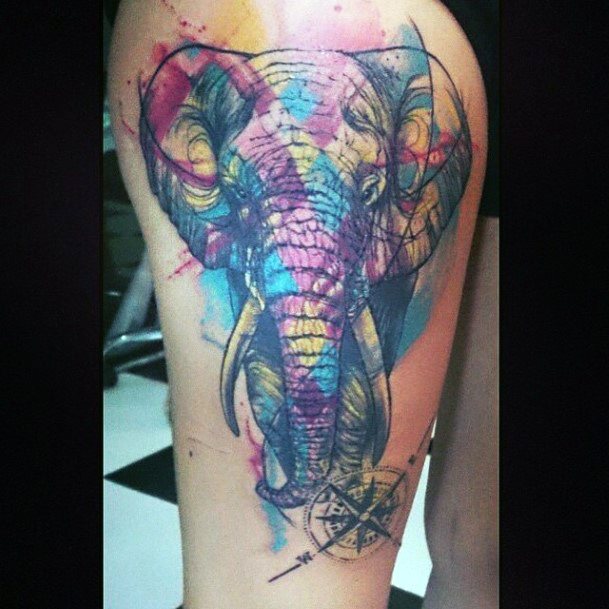 Colored Elephant Tattoo Womens Thighs