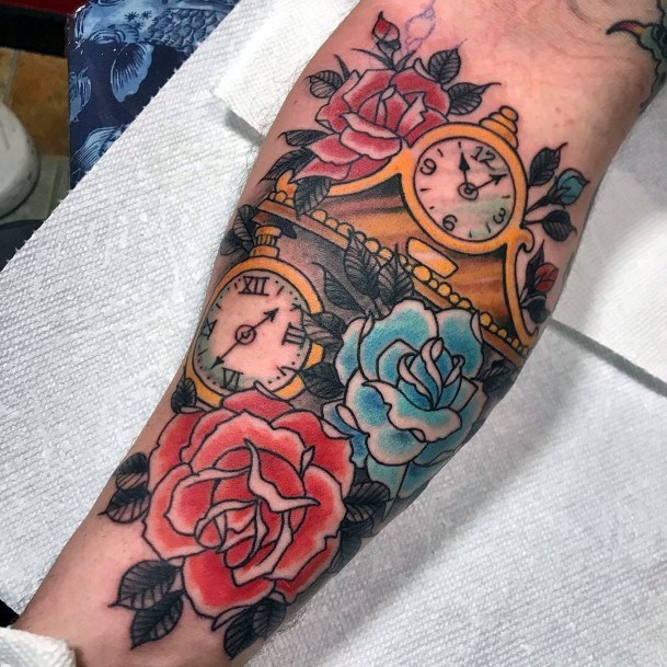 Colored Flowers And Clock Tattoo Women