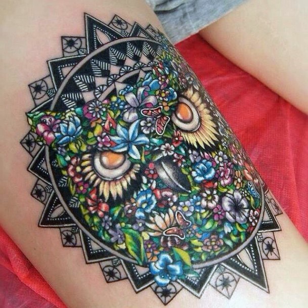 Colored Flowers And Gems Owl Tattoo Women