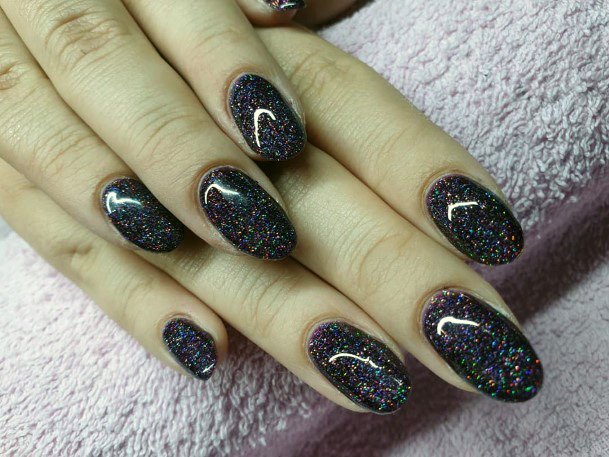 Colored Glitters On Dark Purple Nails Women