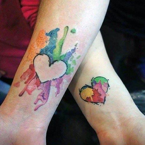 Colored Heart Tattoo Mother Daughter Forearms