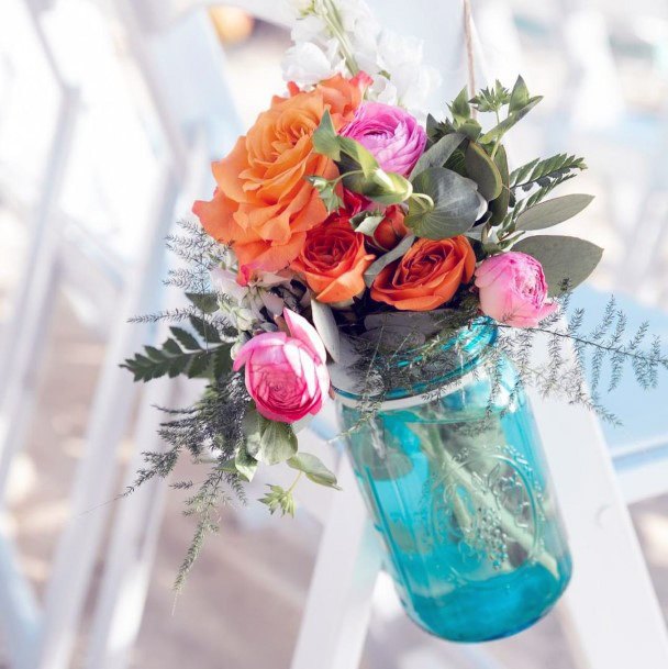 Colored Roses In Froste Mason Jar Wedding Decorations