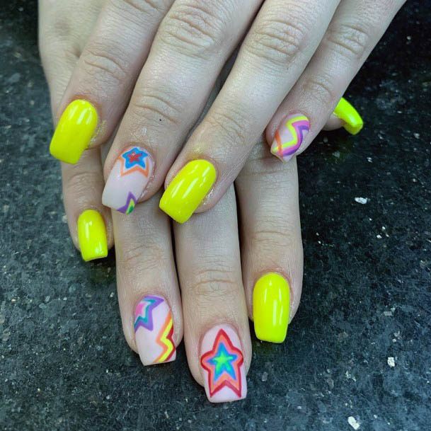 Colored Stars On Neon Yellow Nails For Women