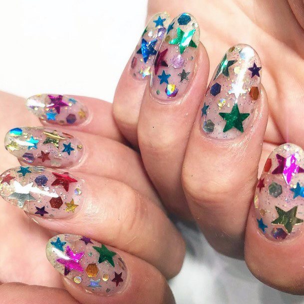Colored Stars On Transparent Birthday Nails