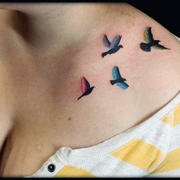 Colored Wings Black Birds Tattoo Womens Chest