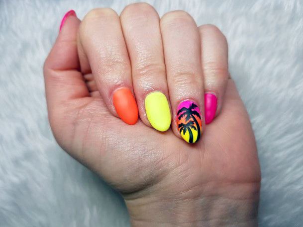 Colorful Bright Neon Womens Nail Decoration Ideas Palm Tree Nails Design Ideas