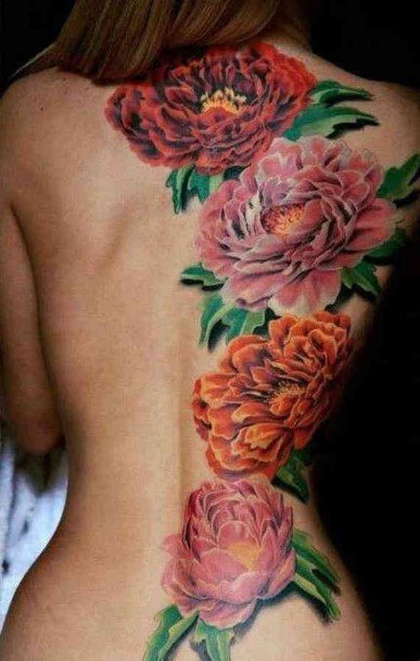 Colorful Bunch Of Flowers Tattoo Womens Back