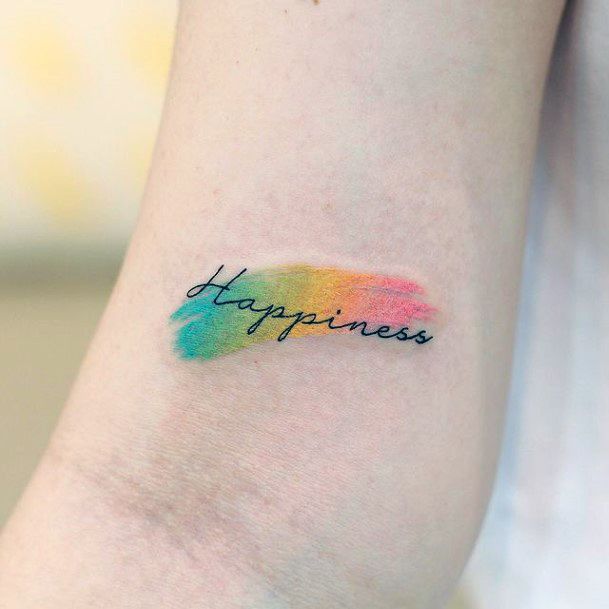 Colorful Happiness Word Good Tattoos On Girl