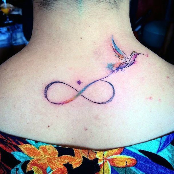 Colorful Hummingbird And Infinity Tattoo Womens Back Side