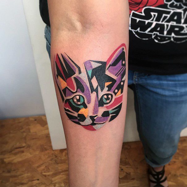 Colorful Modern Art Tattoo Of Cat For Women