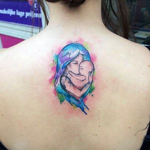 Colorful Mother Daughter Tattoo Back