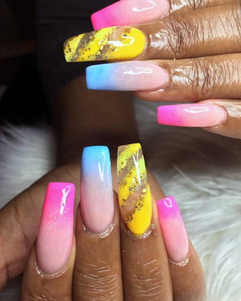 Colorful Ombre Nail Design For Women Pink Baby Blue Sunny Yellow