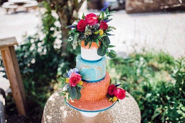 Colorful Orange Blue White Wedding Cake Beautiful Red Roses Decoration Table Ideas