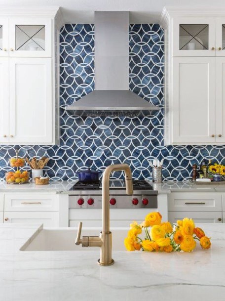 Colorful Patterened Backsplash With White Marble Design Kitchen Countertop Ideas