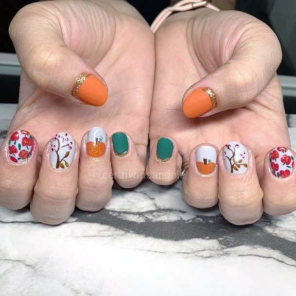 Colorful Pumpkin Nails White And Green For Women