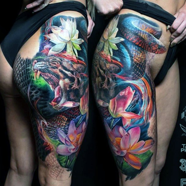 Colorful Snake Tattoo Womens Thighs