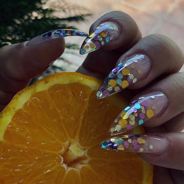 Colorful Sparkles On Transparent Nails For Women