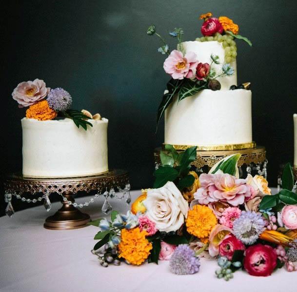 Colorful Spring Flower Bouquet White Wedding Cake Desert Table Inspiration