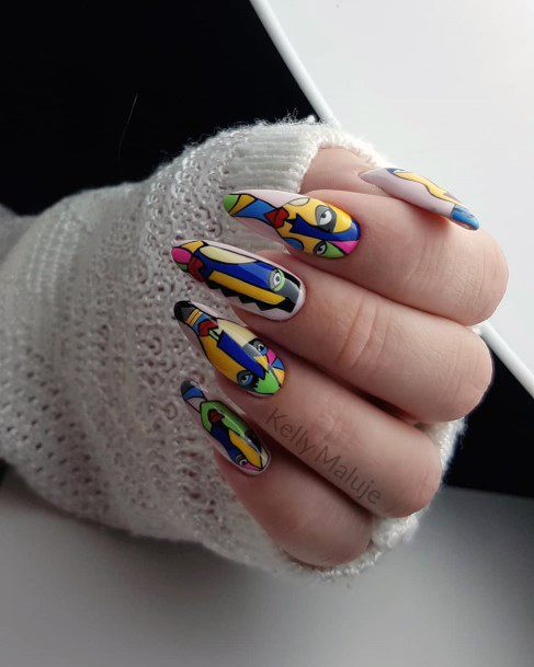 Colorful Tribal Art On Long Nails Women