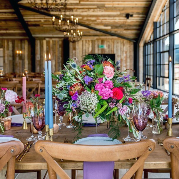Colorful Vibrant Pink Red Purple Flower Bouquet Rustic Table Centerpiece Ideas Barn Wedding Decoration