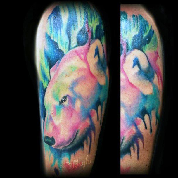 Colorful Watercolor Tattoo Of Bear Womens Upper Arms