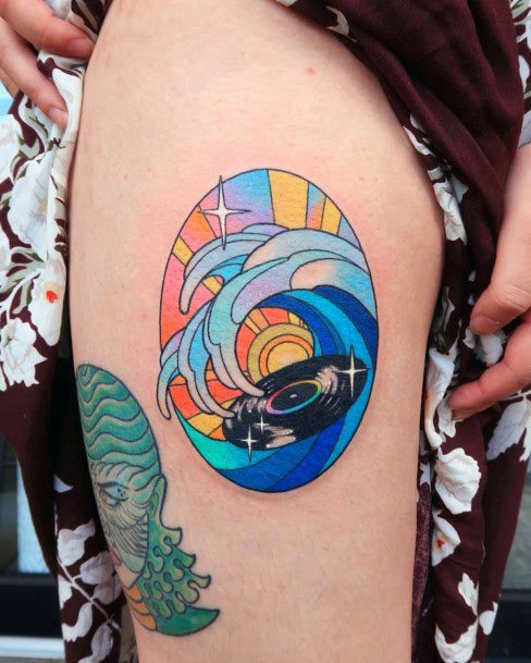 Colorful Wave And Cd Tattoo Womens Thigh