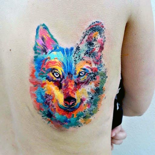 Colorful Wolf Tattoo Womens Back