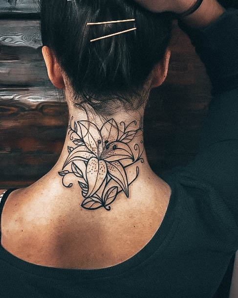 Colorful Womens Back Of Neck Tattoo Design Ideas