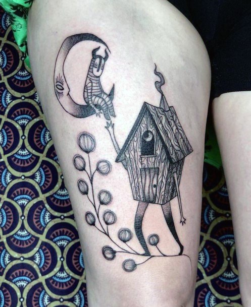 Colorful Womens Birdhouse Tattoo Design Ideas