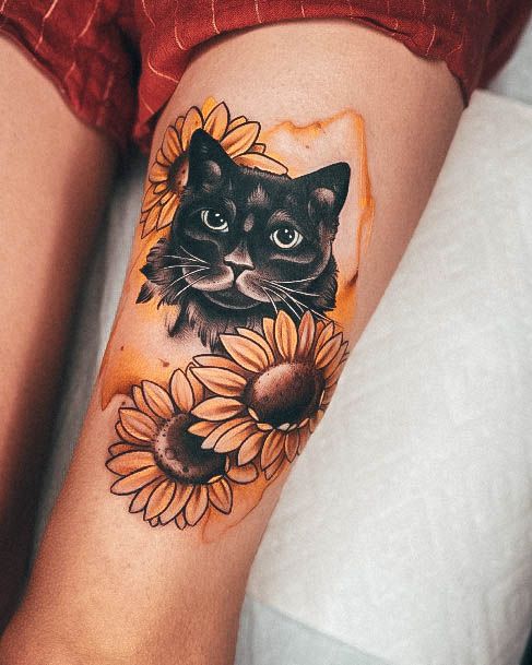 Colorful Womens Black Cat Tattoo Design Ideas