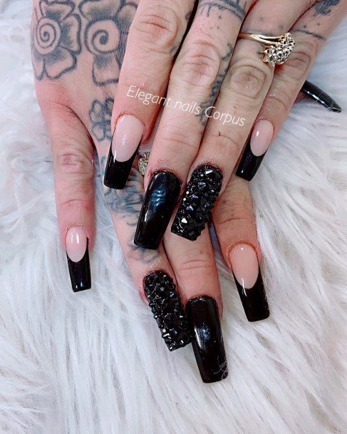 Colorful Womens Black With Rhinestones Nail Design Ideas