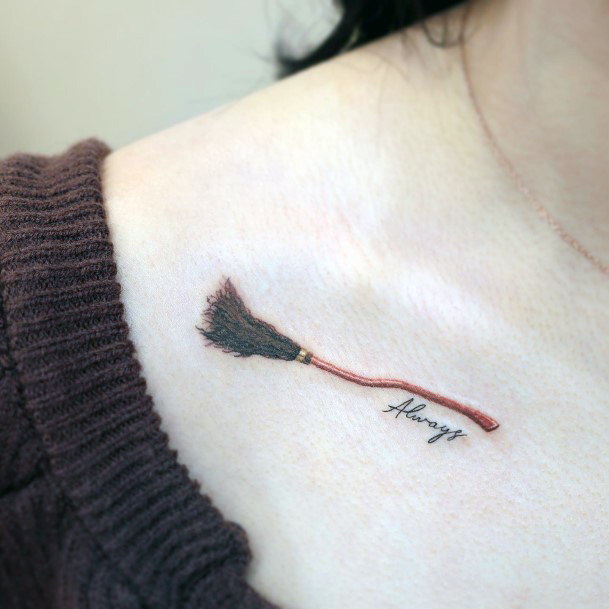 Colorful Womens Broomstick Tattoo Design Ideas