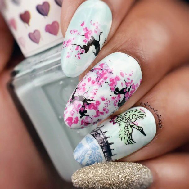 Colorful Womens Cherry Blossom Sakura Nail Design Ideas