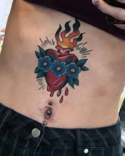 Colorful Womens Flaming Heart Tattoo Design Ideas