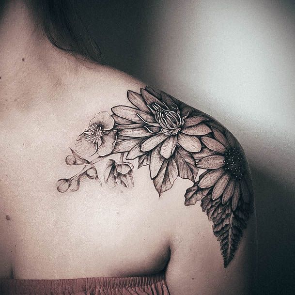 Colorful Womens Flower Shoulder Tattoo Design Ideas